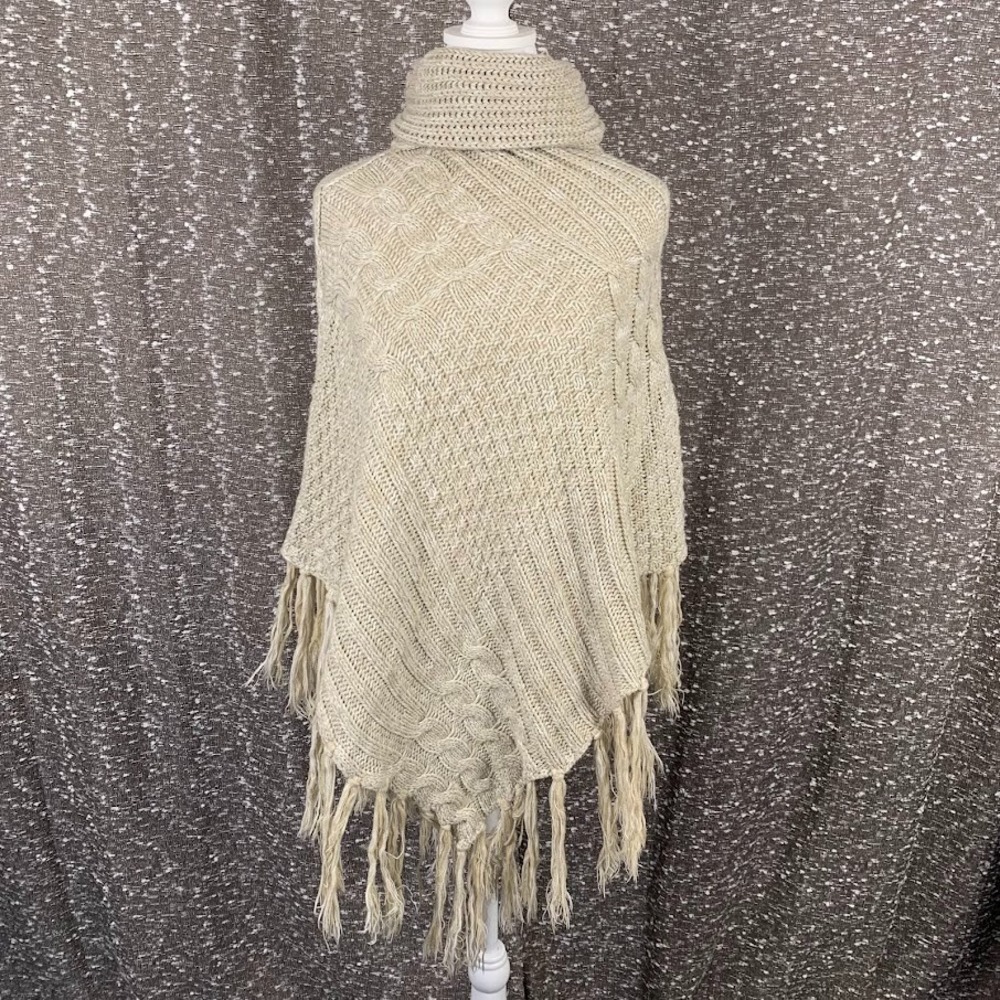Bay Sky Cable Knit Turtleneck Fringed Poncho Sweater‎ Boho Y2K Women's OS